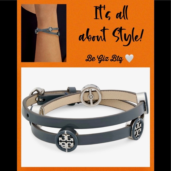 🆕 Tory Burch Authentic Miller Silver & Leather Blue Enamel Double Wrap Bracelet - Picture 6 of 12
